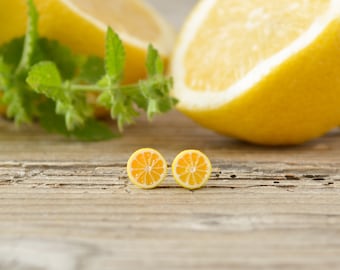 Handmade Lemon Stud Earrings - Citrus Fruit Jewelry