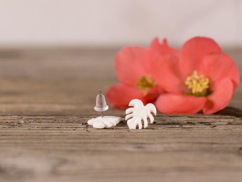 White Monstera Stud earrings, Flower earrings, Botanical earrings, Statement earrings, Monstera jewelry. Titanium Earrings, Unique earrings image 3