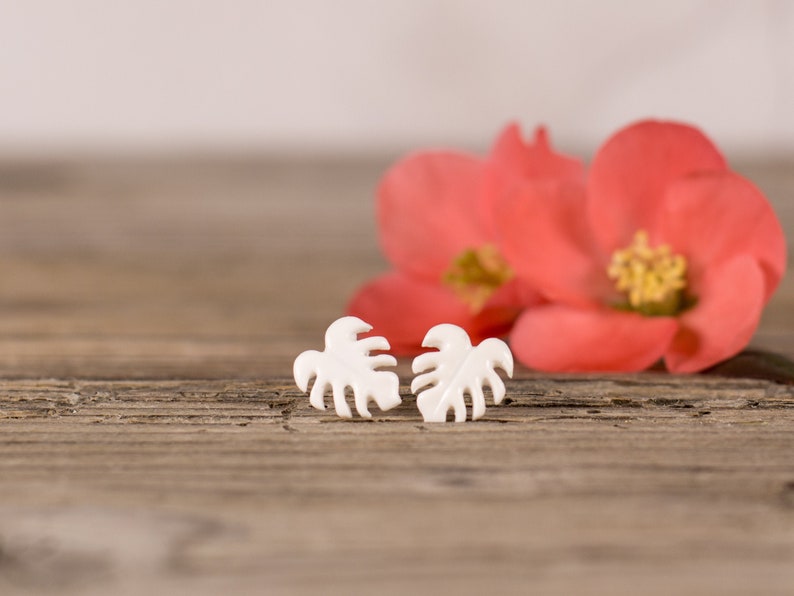 White Monstera Stud earrings, Flower earrings, Botanical earrings, Statement earrings, Monstera jewelry. Titanium Earrings, Unique earrings image 2