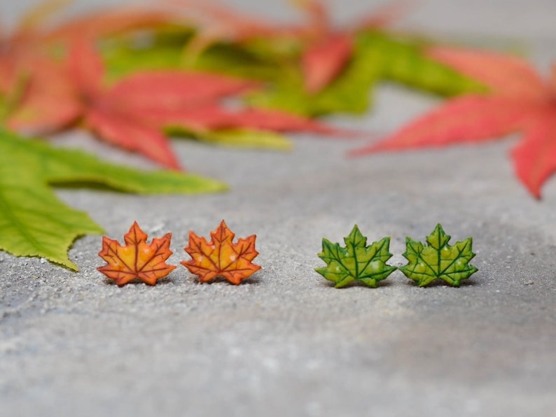 Maple Leaf Quality Stud Earrings, Polymer Clay Maple, Autumn Earrings, Fall Gift, Maple Tree, Cute Earring, Unique Earring, Titanium Earring image 3