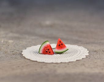 Wassermelone Ohrstecker, Obst Ohrringe, süße Ohrringe, Titanium Ohrringe, einzigartige Ohrringe, Lebensmittel Schmuck, Fimo Wassermelone