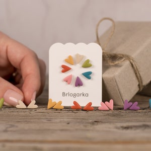 Könnte beinhalten: Ein Set mit bunten herzförmigen Ohrringen. Die Ohrringe sind aus Polymer Clay gefertigt und in verschiedenen Farben erhältlich, darunter Pink, Rot, Orange, Gelb, Grün, Blau und Lila. Die Ohrringe sind in einer kleinen weißen Schachtel mit dem Aufdruck "Brilogarka" verpackt.