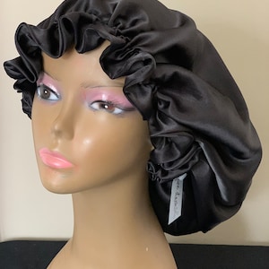 Handmade Black Satin Bonnet | Ruffled Edge Hair Cap | Infant to Adult Jumbo | PureDari Satin Sleep Cap | Protective Hair Cover