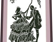 Young Man Gives a Rose to the Girl - SILHOUETTE MONOCHROME Cross Stitch Pattern, Needlepoint Pattern Digital PDF instant download