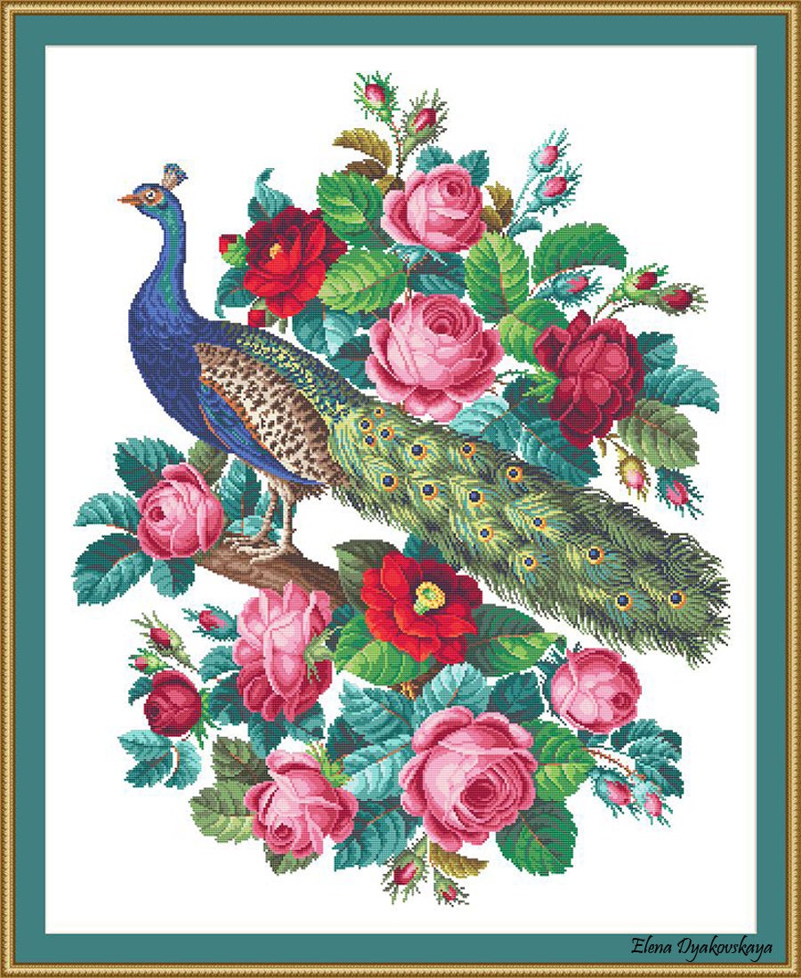 PEACOCK  ROSES Berlin Woolwork Embroidery Pattern Cross ...