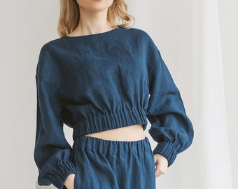 Linen crop top with long sleeves. Royal Blue color blouse ZOJA. Modern blouse. Ruffled sleeve blouse. Trendy blouse. Flax top.