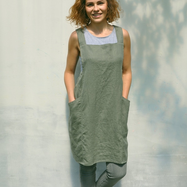 Elegant heavy weight linen pinafore japanese apron dress / No ties comfortable smock apron / Linen full apron dress