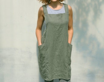 Elegant heavy weight linen pinafore japanese apron dress / No ties comfortable smock apron / Linen full apron dress