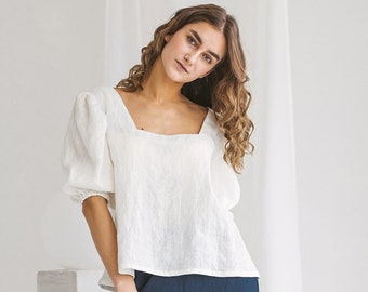 Square neck linen top MAGDALENA. Cream White puffed sleeves blouse. Loose linen blouse for women. Available in 47 colors.