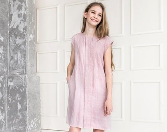 Vestido de lino / vestido rosa holgado / vestido de verano sin mangas / vestido de día de bata / tela de maternidad orgánica / vestido de bengala ajustado / hecho a mano