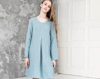 Lässiges knielanges Leinen Smock Kleid mit langen Ärmeln Naturkleidung für Frau, Lockeres Leinenkleid, Umstandskleid.