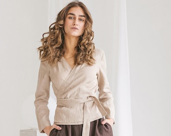 Linen Wrap Top with Long Belt. Crossed Soft Linen Shirt with Long Sleeves. Available in 47 colors.