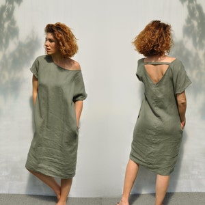 Linen dress. Maternity dress. Plus size dress. Short sleeves dress. Linen clothing. Knee length dress.Llinen dress with decorated back.