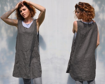 Linen full bbq apron with pockets / Japan linen home and work tunic smock / No ties garden linen apron dress