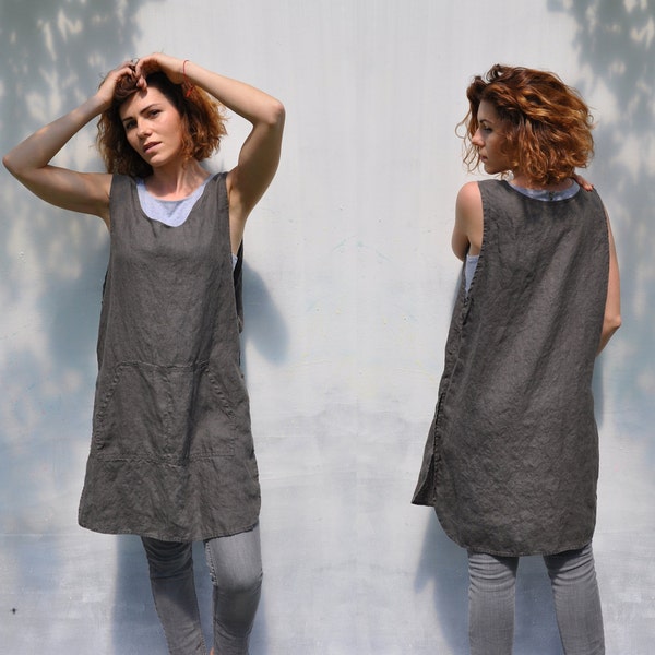 Linen full bbq apron with pockets / Japan linen home and work tunic smock / No ties garden linen apron dress