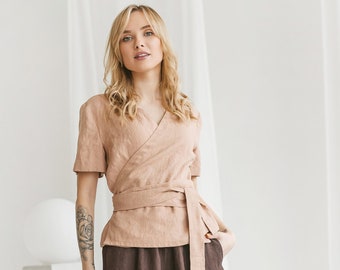 Linen wrap blouse. Short sleeve top in Dusty Peach color. Soft linen wrap shirt Available in 47 colors.