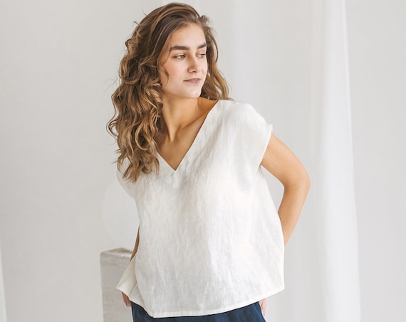 AVA Modern linen crop top with V neck Cream white color. Oversize crop top summer trend women apparel.Casual linen available in 47 colors