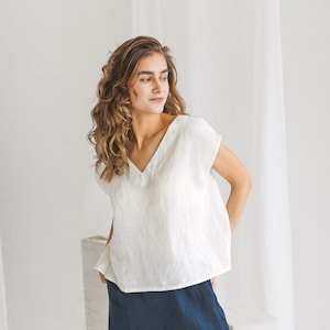 AVA Modern linen crop top with V neck Cream white color. Oversize crop top summer trend women apparel.Casual linen available in 47 colors