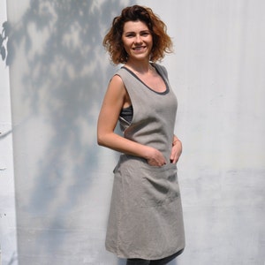 Linen apron dress. Big pocket apron. Smock apron. Linen apron. Full apron. Apron with pockets. Midi apron. Stylish apron. Soft linen apron. image 1