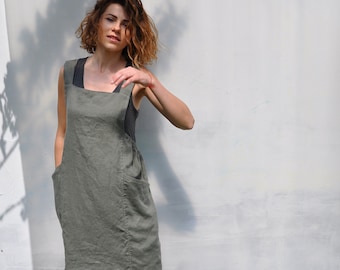 Original linen one size full apron / No ties home and work linen tunic smock with pockets / Linen japanese garden pinafore