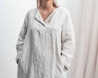 Vestido de lino / Vestido túnica de lino en color gris plateado / Vestido de cuello dividido estilo camisa con bolsillos laterales profundos / vestido casual de mujeres de gran tamaño