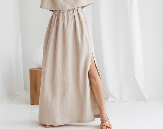 Linen long skirt with side slit SUMMER. Elastic waist linen skirt. Maxi skirt in Oatmeal color. Organic Summer skirt with pockets.