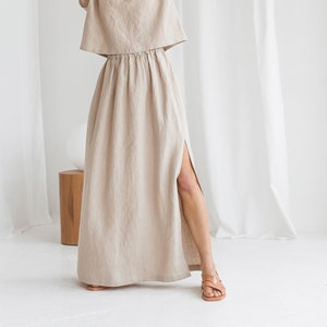 Linen long skirt with side slit SUMMER. Elastic waist linen skirt. Maxi skirt in Oatmeal color. Organic Summer skirt with pockets.