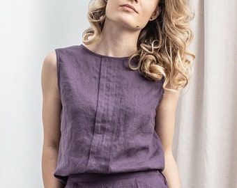 Linentop blouse GRACE in Lavender. Natural linen Sleeveless casual women shirt  Available in 47 colors