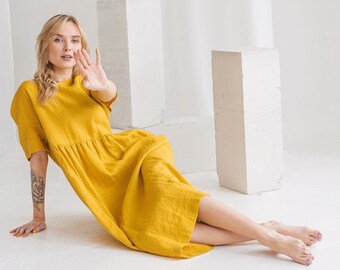 Linen dress STELLA in Sunny Yellow color. Linen short sleeves dress. Linen dress mid-calf length with round neck. Linen Casual dress.