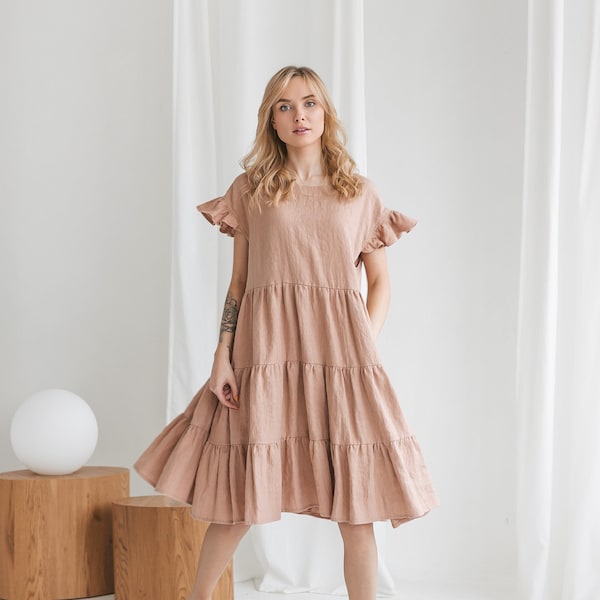 Midi linen ruffle dress OLIVIA. Extra loose dress in Dusty Peach color. Dress with short ruffle sleeves. Maternity clothes in natural linen.