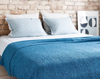 Blue Waffle Linen Cotton blend Blanket. Linen Couch coverlet. Queen size Blanket. King size Bedspread. Home decor. Oversized Linen bedspread