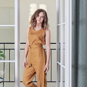 Vrouwen linnen overall. Linnen jumpsuit. Mouwloze jumpsuit. Losse jumpsuit. Linnen plus size romper. Trapeze broek overall. Dames jumpsuit.