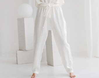 Comfortable linen trousers. Casual linen pants. Elastic waist summer linen pants. Housewear in Cream White linen.