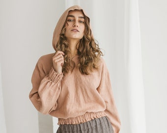 Linen hoodie for woman in Dusty peach color. Long sleeve linen top. Oversize hooded top available in 47 color.