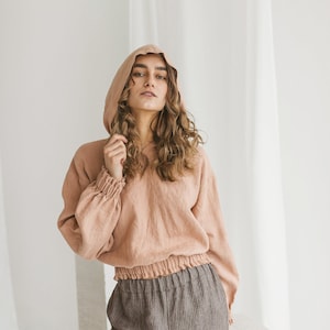 Linen hoodie for woman in Dusty peach color. Long sleeve linen top. Oversize hooded top available in 47 color. image 1