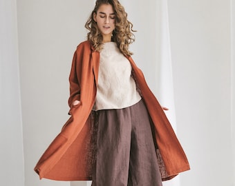 Oversized Heavy Linen coat in Burnt Orange color. Loose linen jacket with long sleeves and deep pockets. Summer linen wrap belted coat