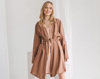 Linen bathrobe with pockets. Soft linen kimono robe. Linen home clothing.
