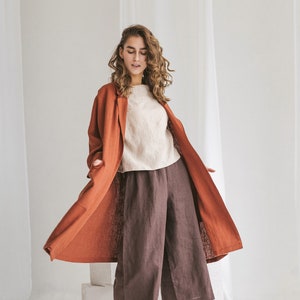 Oversized Heavy Linen coat in Burnt Orange color. Loose linen jacket with long sleeves and deep pockets. Summer linen wrap belted coat