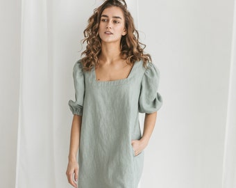 Puff sleeves linen dress SOFIA. Square neck dress. Vintage inspired linen dress.Ruffle linen dress.A line mini flax dress.Available 47colors