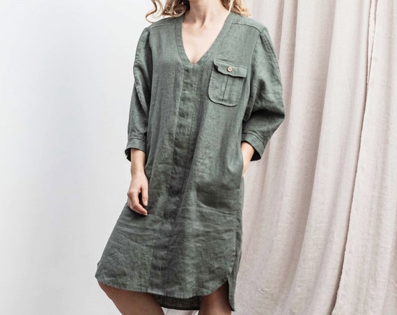 Linen tunic dress in Olive Green color / Shirt style V neck dress with deep pockets / oversize women apparel / casual shirt dress