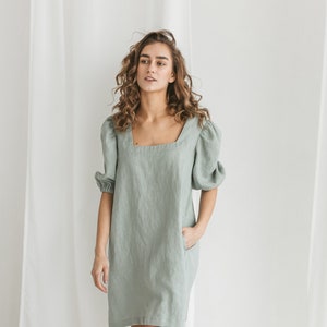 Puff sleeves linen dress SOFIA. Square neck dress. Vintage inspired linen dress.Ruffle linen dress.A line mini flax dress.Available 47colors