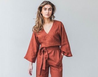 Linen jumpsuit. Soft linen daily cloth. Loose fit linen romper. Long sleeves linen overall with side pockets.