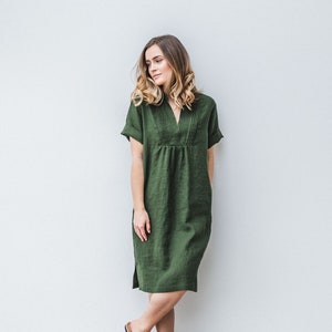 Modern linen dress HAZEL in Forest Green color.  Linen tunic dress in 47 colors. Summer trend dress with split neck.