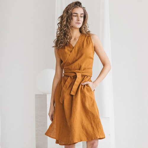 Wrap linen dress with pockets CAMILA. Terracotta linen dress. Sleeveless wrap dress with belt. Linen summer dress. Elegant wrap dress.