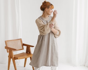 Comfortable no ties japanese linen full apron / Original big pocket linen apron dress / Linen pinafore smock