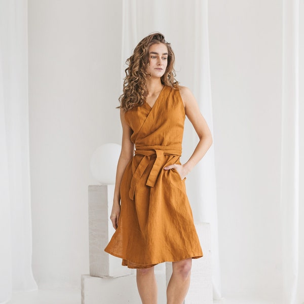 Wrap linen dress with pockets CAMILA. Terracotta linen dress. Sleeveless wrap dress with belt. Linen summer dress. Elegant wrap dress.