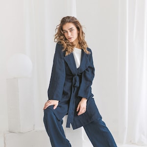 Long Linen Coat. Heavy Weight Linen Coat. Loose Linen Jacket with Deep Pockets.