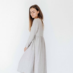 Linen loose dress STELLA with long sleeves. Linen smock dress with round neck and long sleeves. Handmade woman clothing. Casual dress.