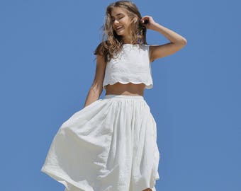 Linen skirt / knee length summer skirt / day outfit / organic cloth / flared women skirt / handmade midi linen clothing / skirt with pockets