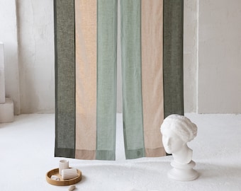 Japanese Door Color Block Curtains. Natural Linen Noren. Medium Weight Linen Olive Green, Oatmeal, Dusty Mint colors.